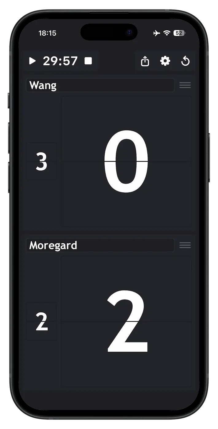 Scoreboard app interface showing score tracking